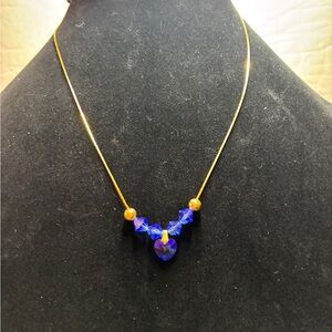 Beautiful Blue Heart Pendant with Blue Diamond Shaped Beads on Gold Tone Chain